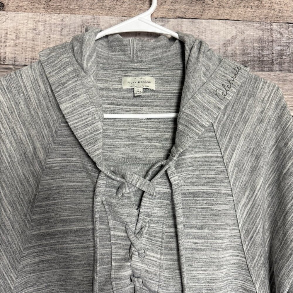 Lucky Brand Fleece Hooded Pullover-Small-Heather Gray-Lace Up-High Low Hem- - Picture 3 of 11